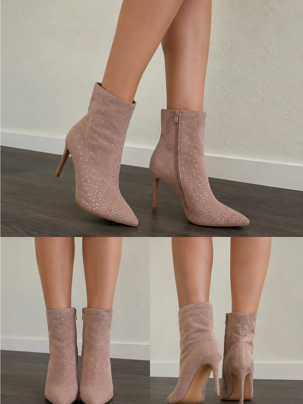 Taupe Rhinestone Pointed Toe Ankle Boots Size 10